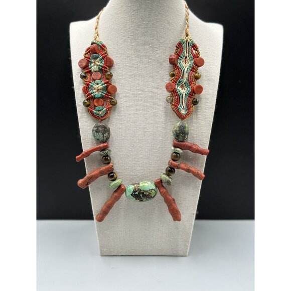 Vintage Tibetan Statement Necklace Red Coral Turquoise Textile Woven Cord